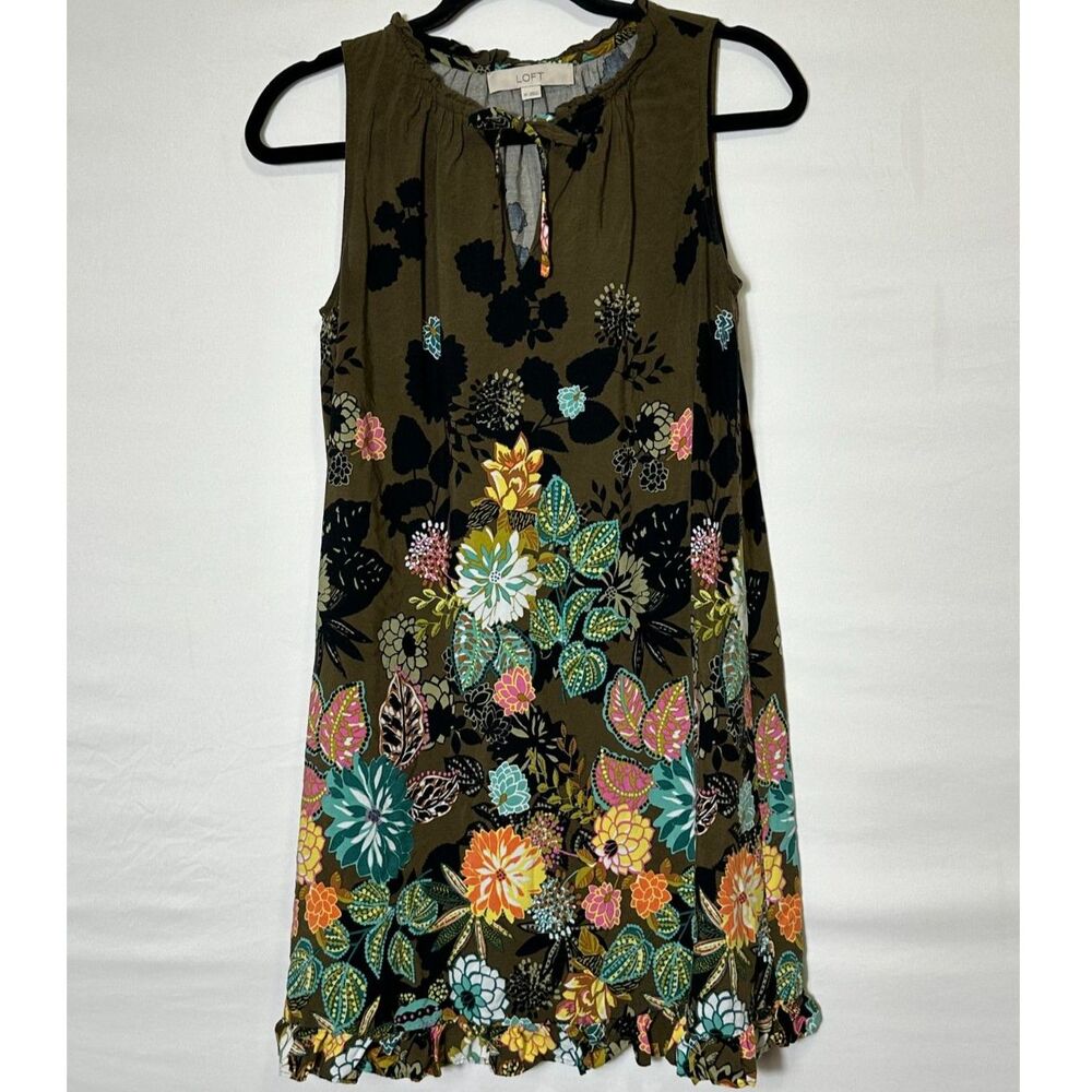LOFT Women's Sleeveless Wildflower Design Swing Dress Ruffle Collar Size XS